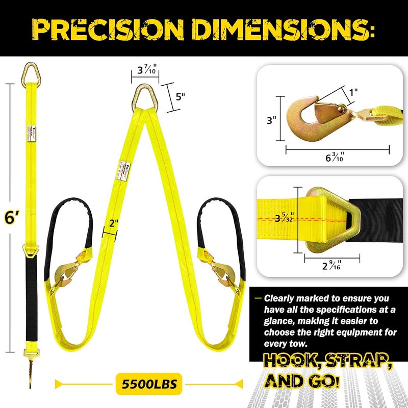 FITHOIST 2PC V-Bridle Tow Strap 2" x 6' with Snap Hooks, Cordura Sleeve, and Axle Straps, D-Ring for Enhanced Stability, Recovery Strap 5500lbs Load for Car Towing, Rollback, Flatbed, Tow Truck - Image 4